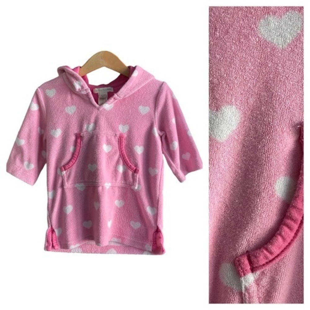Pottery Barn Kids Pink White Heart Print Hooded Toweling Swim Coverup 12-18m